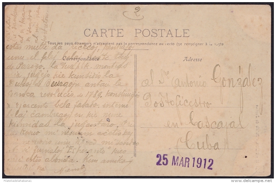 F-EX.2099 FRANCE FRANCIA DIJON POSTCARD FRAQUICIE MILITAR &ldquo;FM&rdquo; TO CUBA. 1912. 25 - Military Postage Stamps