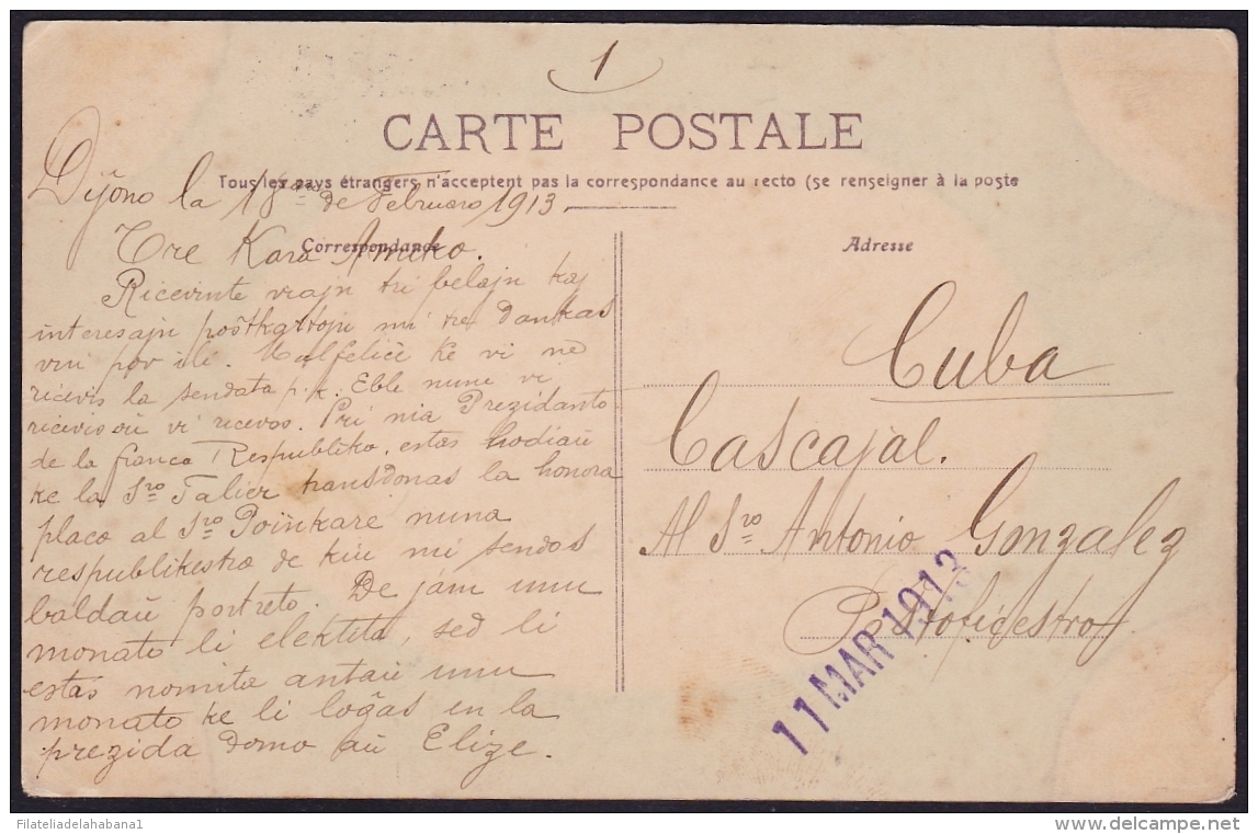 F-EX.2101 FRANCE FRANCIA DIJON POSTCARD FRAQUICIE MILITAR &ldquo;FM&rdquo; TO CUBA. 1913. - Military Postage Stamps