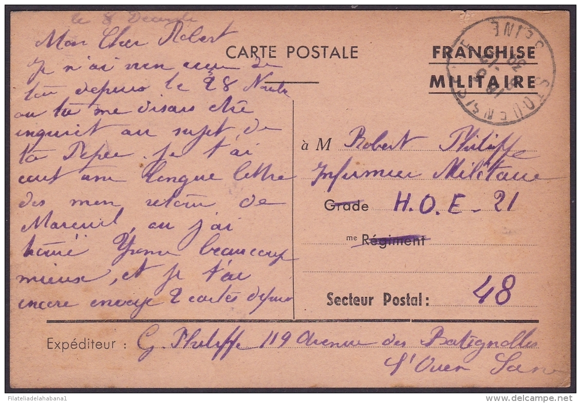 F-EX.3060 FRANCE FRANCIA WWII 1939 SPECIAL MILITAR POSTCARD. FRANCHISE MILITAIRE. - Covers & Documents