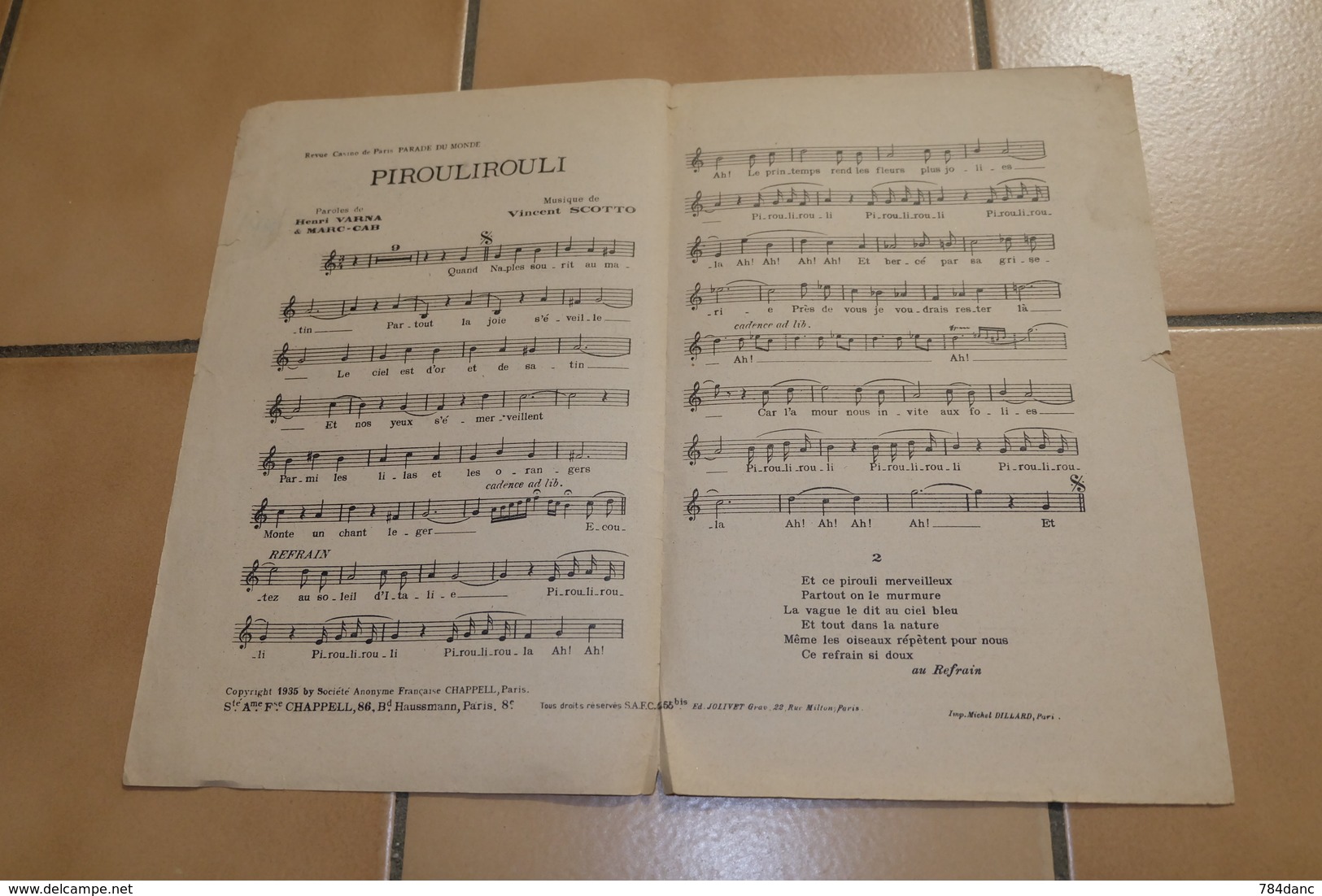 Piroulirouli Présenté Par Henri Varna Musique De Vincent Scotto - Scores & Partitions