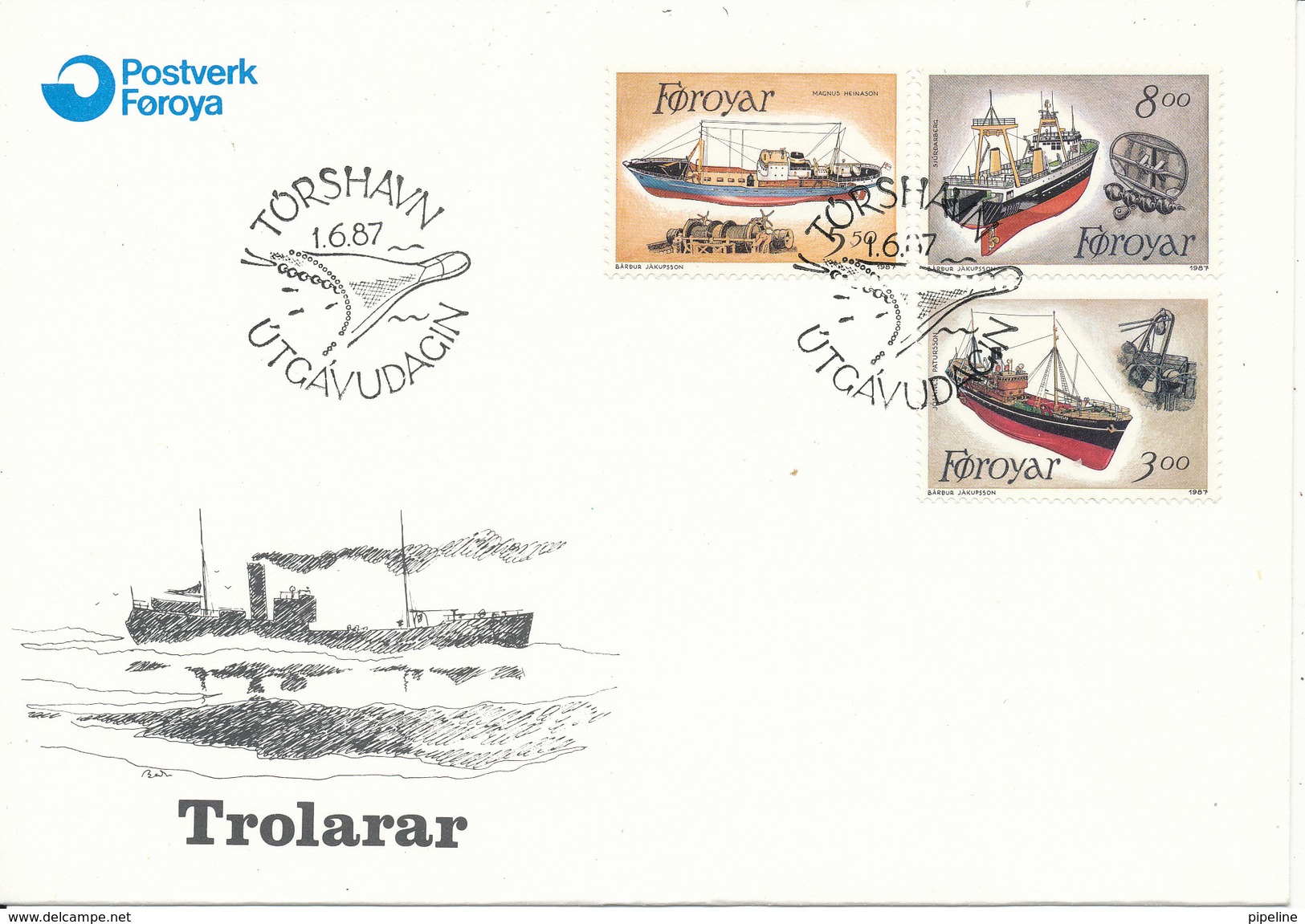 Faroe Islands FDC 1-6-1987 Complete Set Fishing Trawlers With Cachet - Faroe Islands