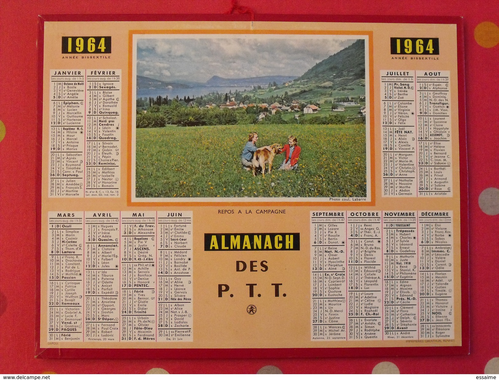 Almanach Des PTT. 1964. Calendrier Poste, Postes Télégraphes.. Repos à La Campagne - Grand Format : 1941-60