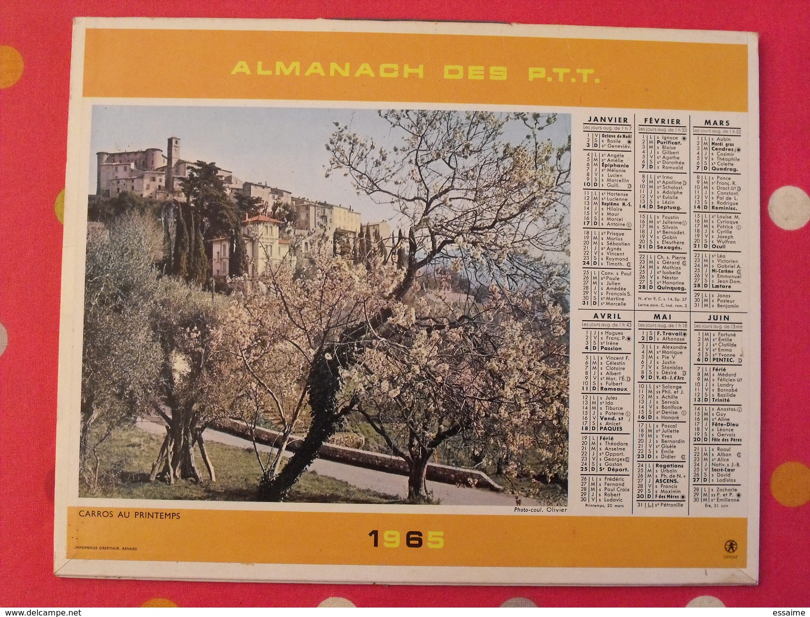 Almanach Des PTT. 1965. Calendrier Poste, Postes Télégraphes.. Carros, Chateau De Luynes - Grand Format : 1961-70