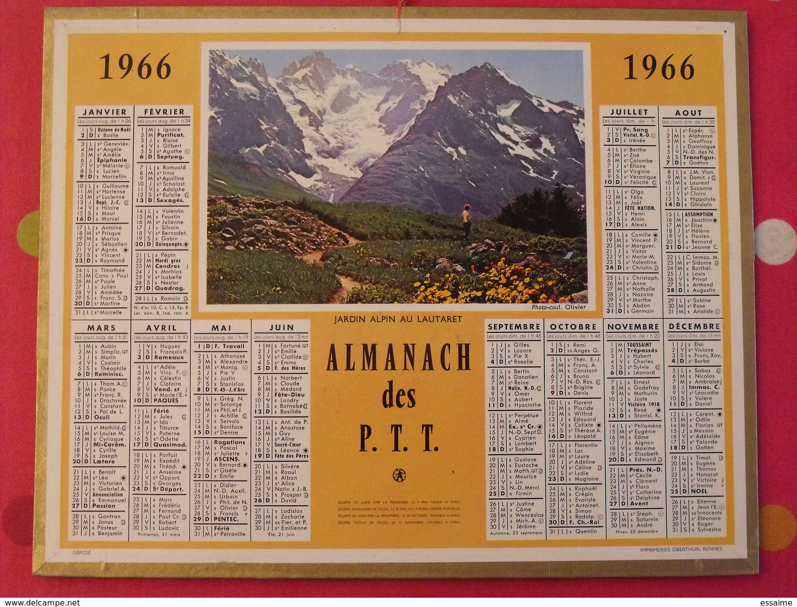 Almanach Des PTT. 1966. Mayenne Laval. Calendrier Poste, Postes Télégraphes.. Jardin Alpin Au Lautaret - Big : 1961-70