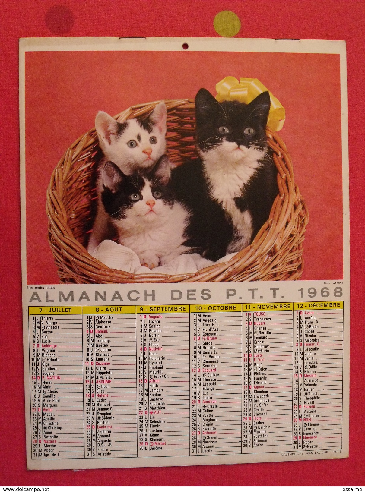 Almanach Des PTT. 1968. Calendrier Poste, Postes Télégraphes.. Chien Chat - Grand Format : 1961-70