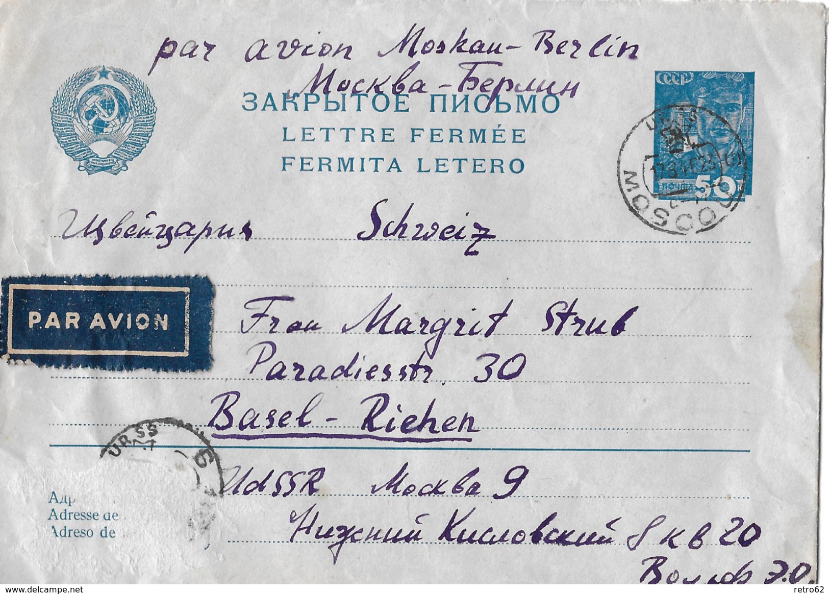 RUSSLAND & UdSSR &rarr; Letter From MOSCOU Via BERLIN To BASEL Anno 1940 - ...-1949