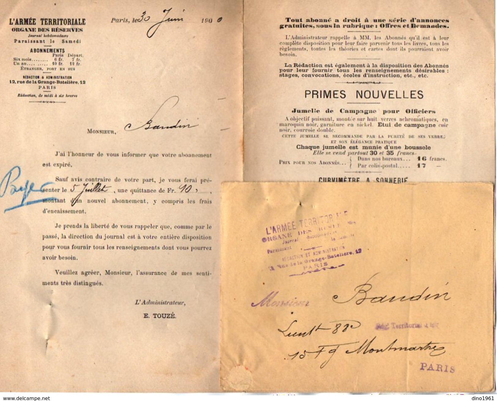 VP7187 - MILITARIA - Enveloppe & Lettre De M. TOUZE De L'Armée Territoriale à PARIS - Documenti