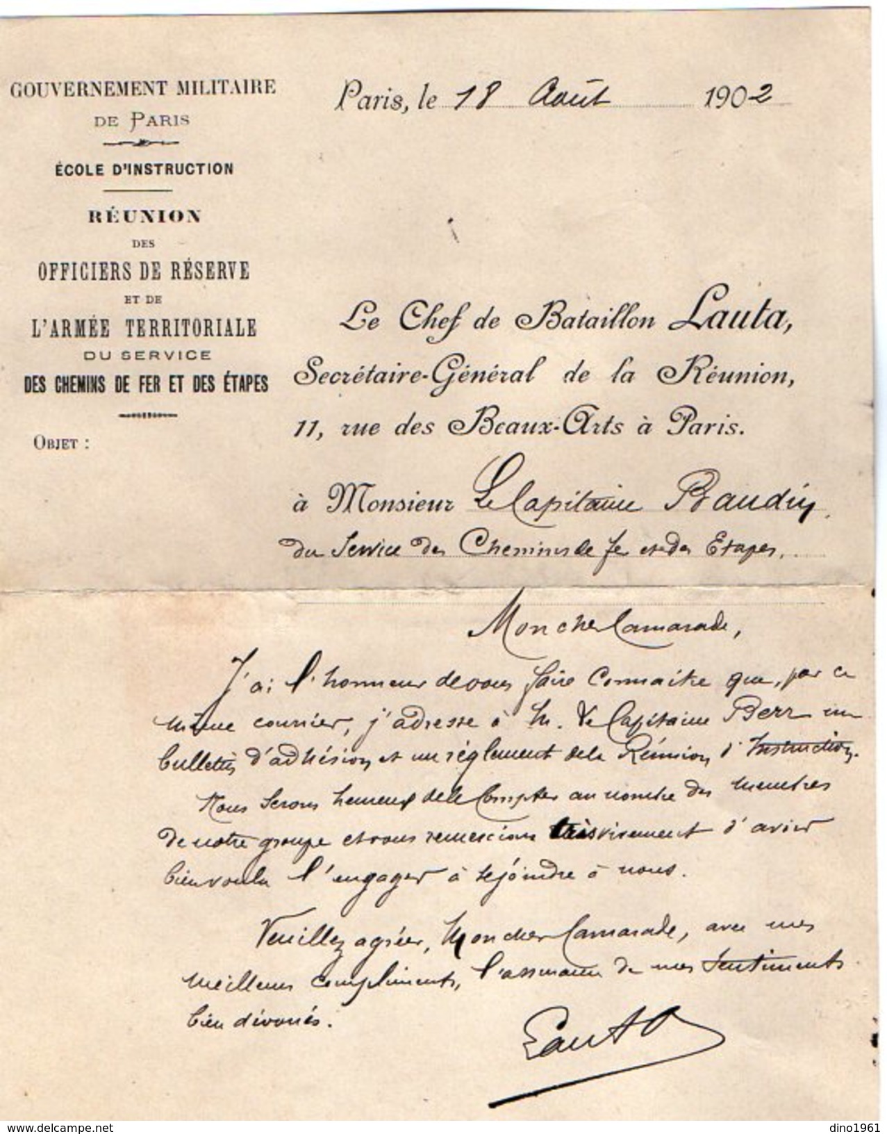 VP7188 -  Lettre De Mr Le Chef De Bataillon LAUTA De L'Armée Territoriale à PARIS - Services Des Chemins De Fer - Documenti