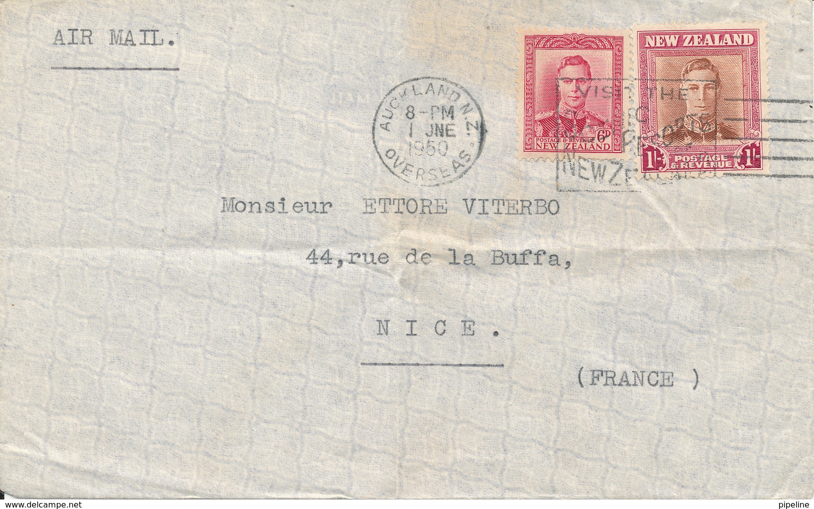 New Zealand Air Mail Cover Sent To France Auckland 1-6-1950 (the Cover Is Bended) - Luftpost