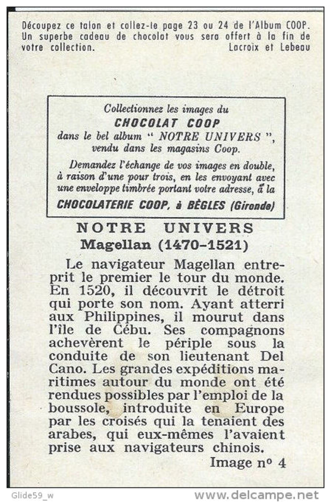 Chromo - Chocolat COOP - Notre Univers - N° 4 - Magellan (1470-1521) - Autres & Non Classés