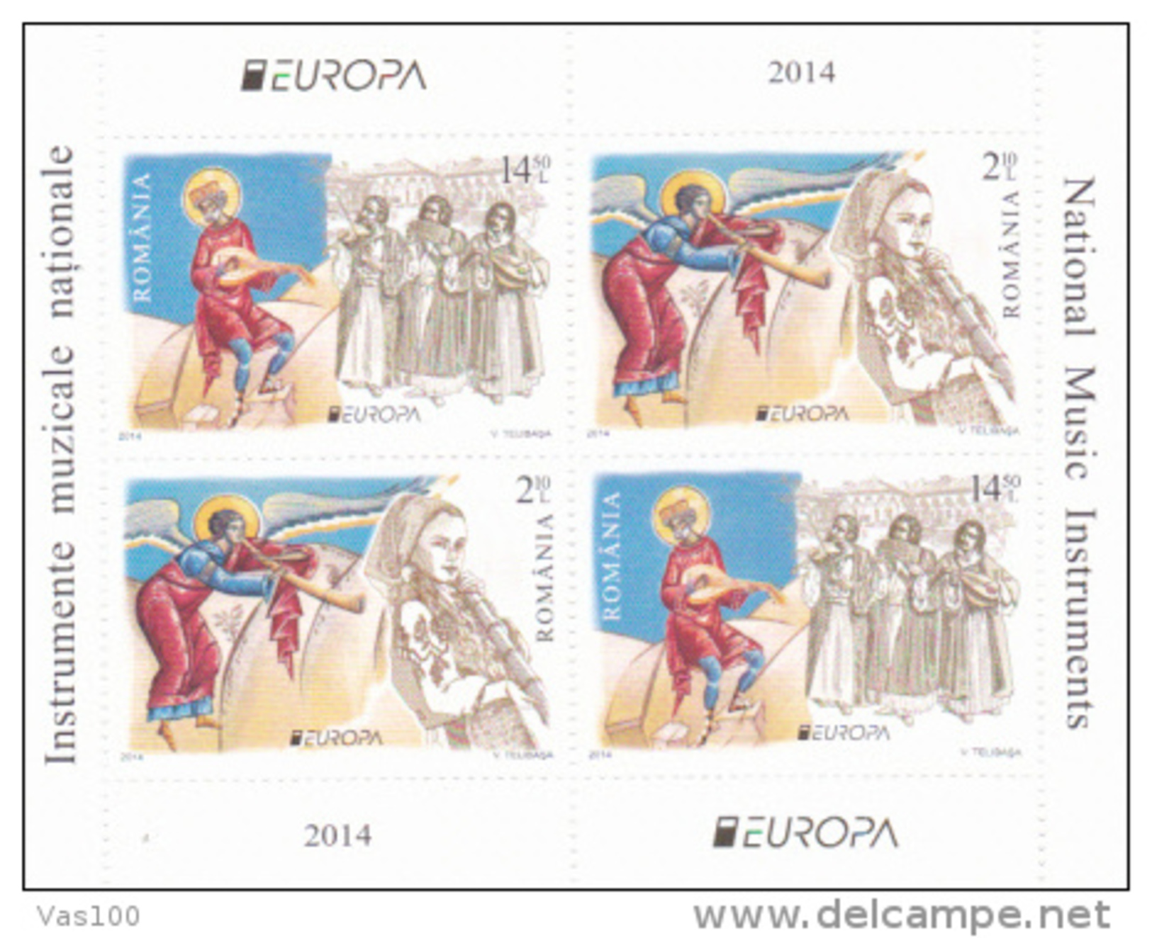 ROMANIA, 2014, Europa-CEPT, MUSIC INSTRUMENTS, Sheet Of 4 (2 Series), Type 1, MNH (**), - 2014