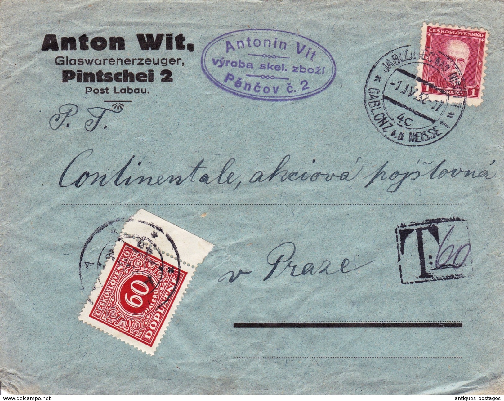 Lettre Gablonz An Der Neiße Jablonec Nad Nisou Tchécoslovaquie 1932 Timbre Taxe Anton Wit - Postage Due