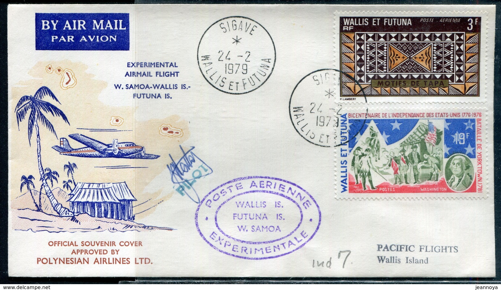 WALLIS ET FUTUNA - N°190 + PA N°58 / LETTRE AVION VOL EXPERIMENTAL WALLIS-SAMOA DE SIGAVE LE 24/2/1979 - SUP - Briefe U. Dokumente