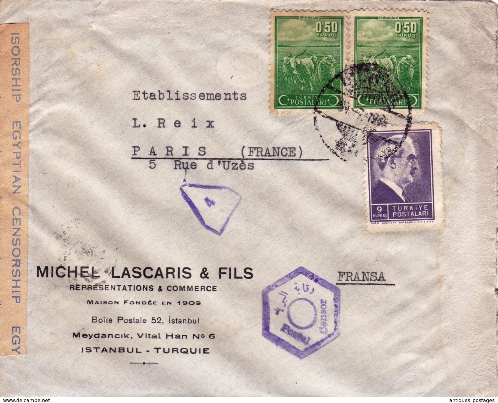 Lettre Turquie Istanbul Michel Lascaris & Fils 1945 Censure Poste Egyptienne Opened By Censor Egypt Egyptian Censorship - Covers & Documents