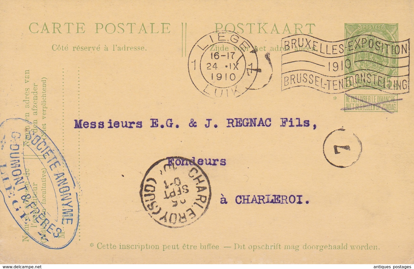 Entier Postal Carte Postale Liège 1910 Pour Charleroi Belgique Société Dumont & Frères Métallurgie Saumon De Plomb - Postcards 1909-1934