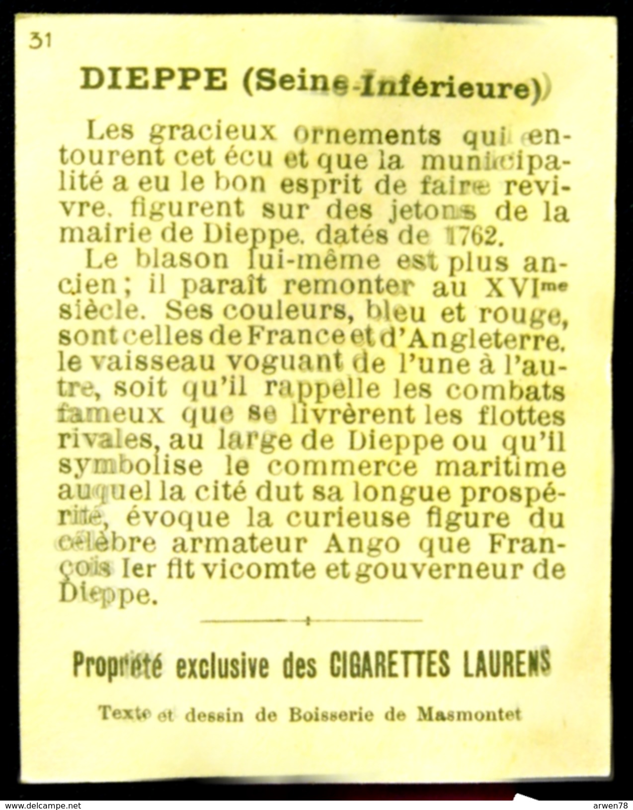 Cigarettes Laurens Blason Des Villes De France Historique Des Armoiries Dieppe 2 Scans - Autres & Non Classés