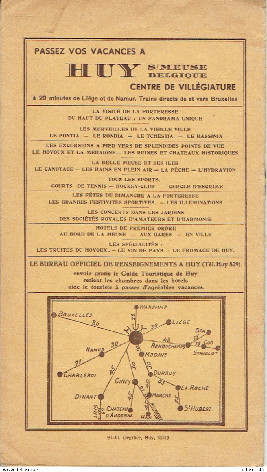 Brochure de 1933 Guide du Touriste de HUY-SUR-MEUSE