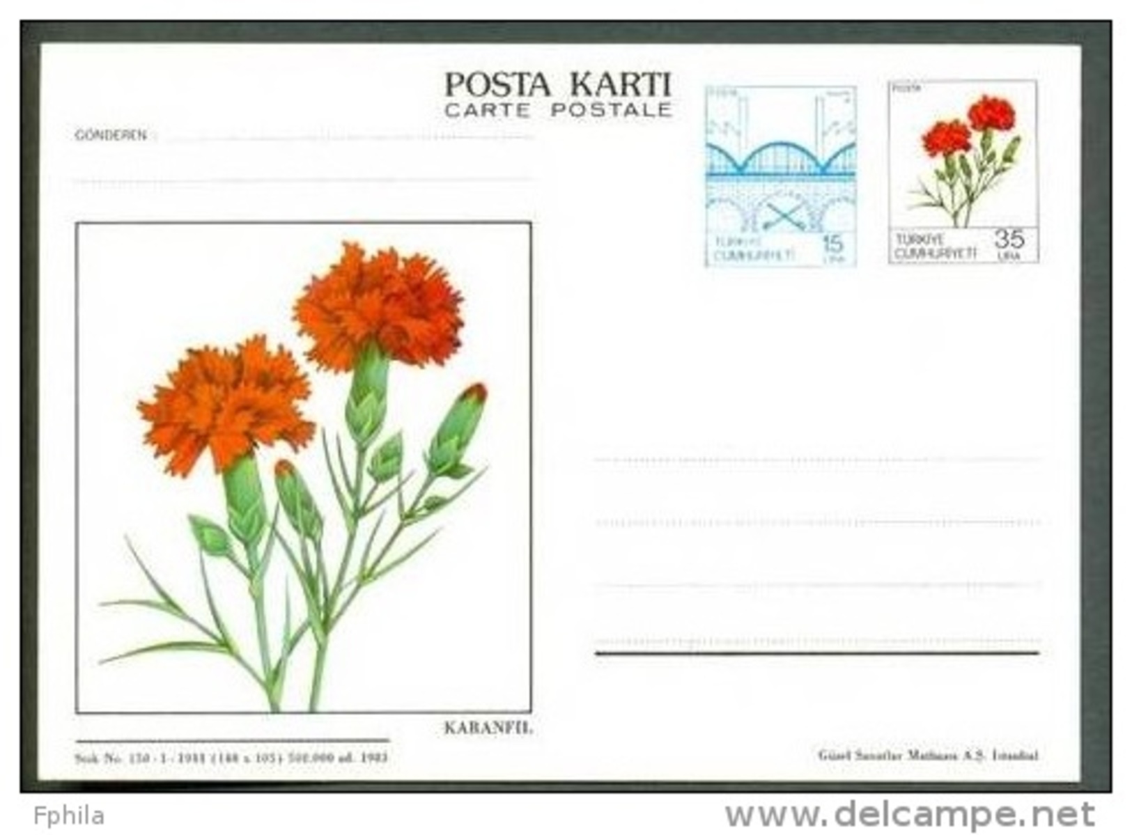 1984 TURKEY CARNATION ILLUSTRATION WITH SYMBOLIZED SAKARYA 84 BLUE STAMP DESIGN POSTCARD - Postal Stationery