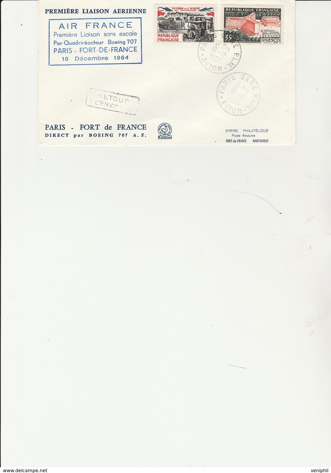 LETTRE AIR FRANCE - PARIS - FORT DE FRANCE  DIRECT PAR BOEING 707  16 DEC 1964 - - Primeros Vuelos