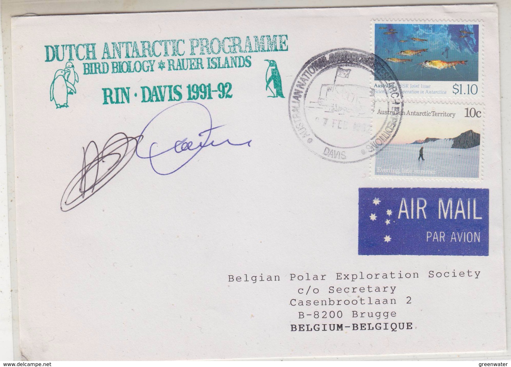 AAT Davis 1992 Dutch Antarctic Programme Rauer Islands 2 Signatures Cover Ca Davis 7 Feb 1992 (34364) - Brieven En Documenten