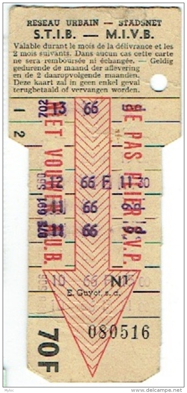 Ticket. Carte De Tram. STIB/MIVB. 10 Voyages. 1966. - Europa