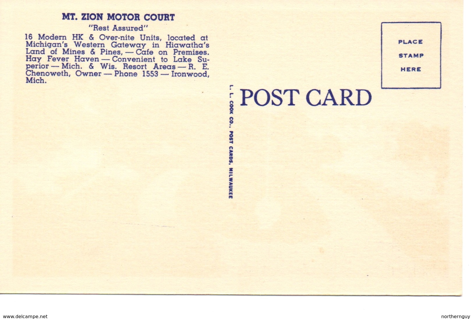 IRONWOOD, Michigan, USA, Mt. Zion Motor Court, Old Cook Linen Postcard - Autres & Non Classés