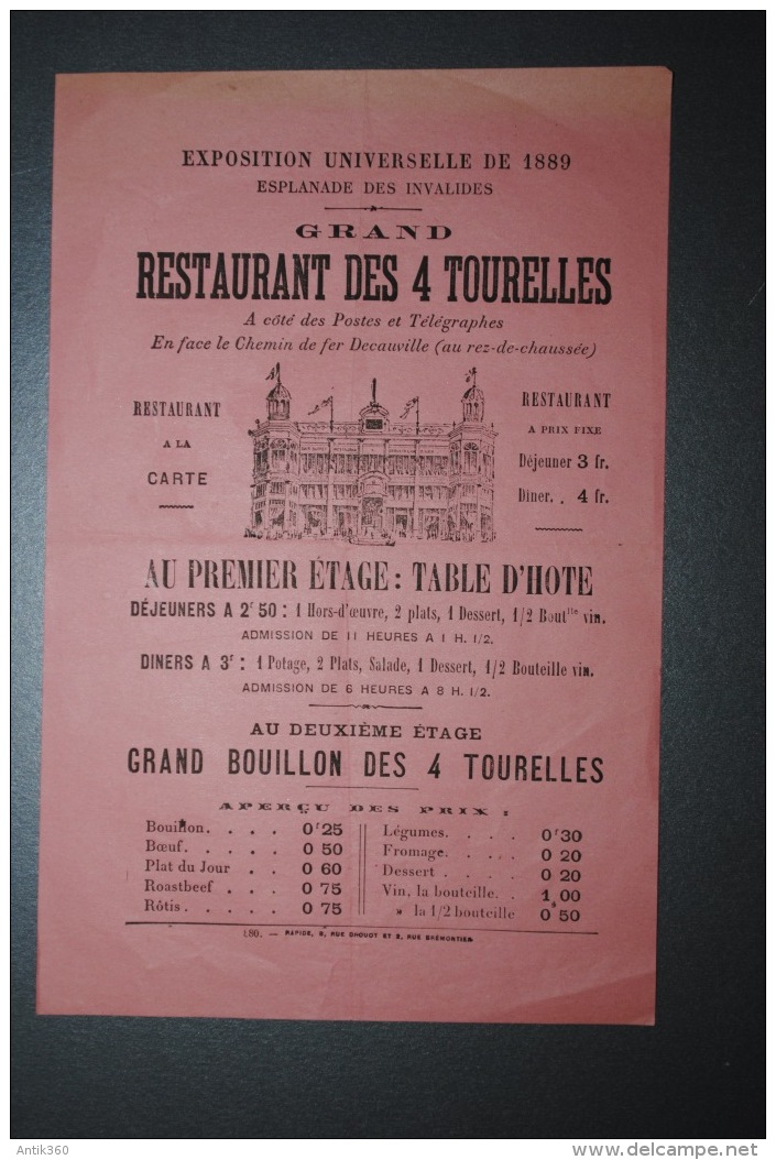 Ancienne Brochure Spéciale Restaurant Des 4 Tourelles Esplanade Des Invalides Exposition Universelle 1889 - Advertising