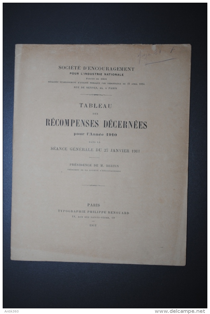 Rare Tableau Des Récompenses Décernées Médailles De La Société D'Encouragement Pour L'Industrie Nationale Année 1910 - Firma's