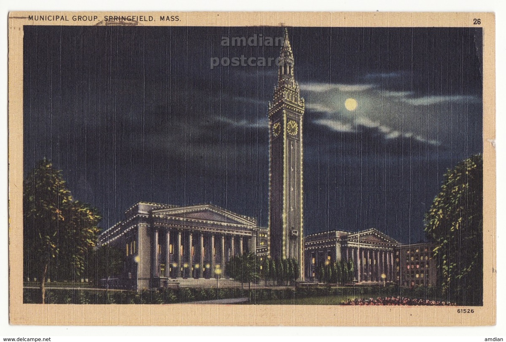 SPRINGFIELD MA - MUNICIPAL GROUP BUILDINGS - Night View 1940s Vintage Massachusetts Postcard [6830] - Springfield