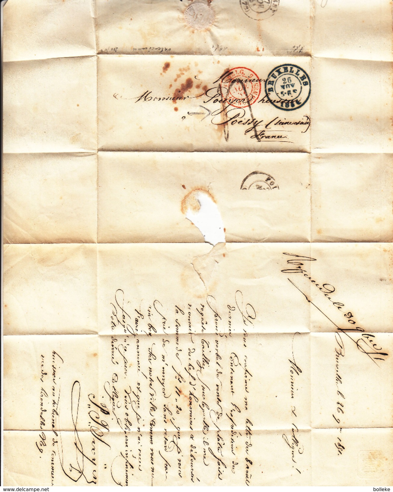 Belgique - Lettre Taxée De 1851 - Oblit Bruxelles -  Cachet Rouge Belgique Valenciennes - Exp Vers Poissy - 1830-1849 (Belgique Indépendante)