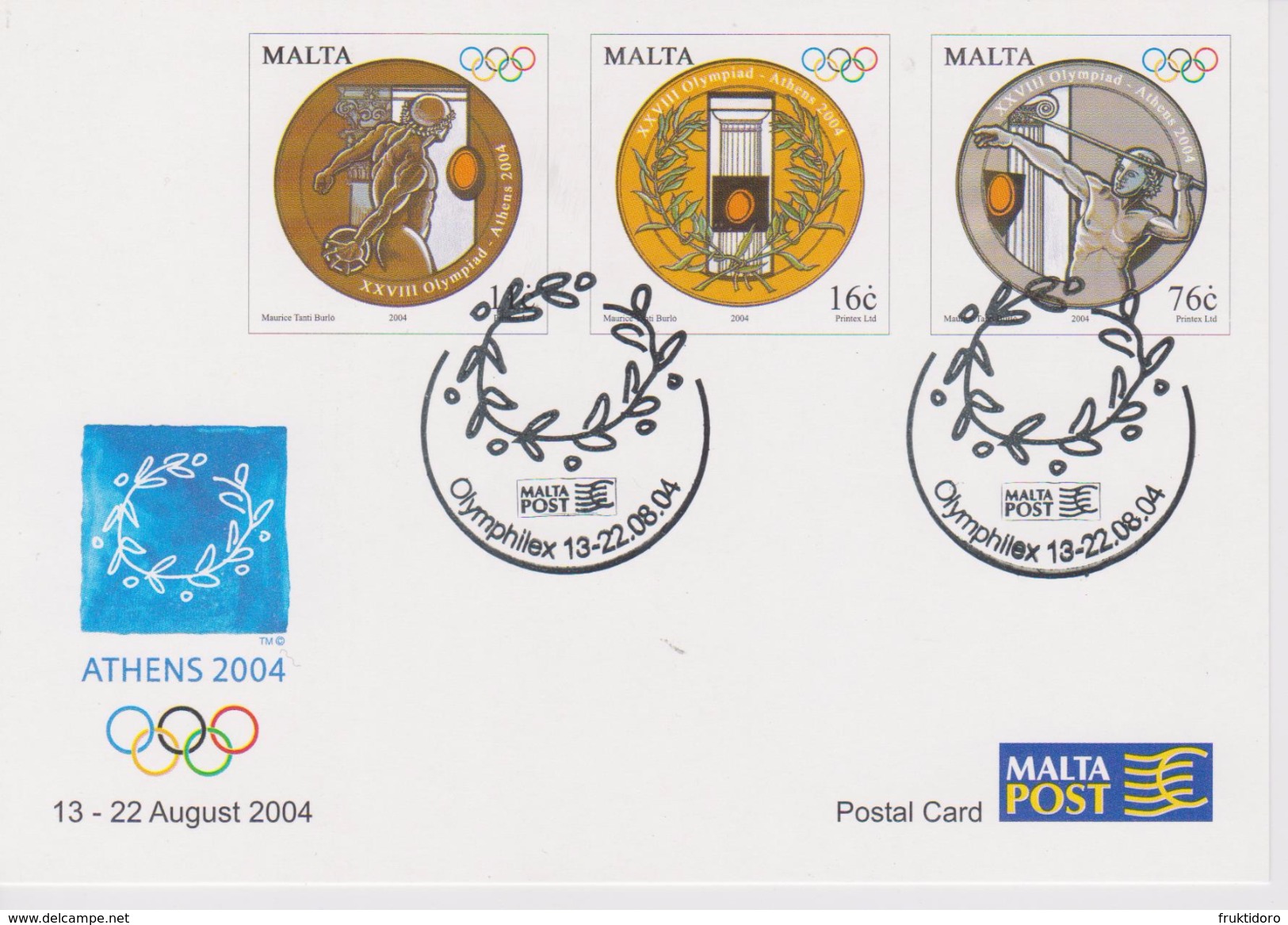 Malta 2004 Exhibition Card Olymphilex - Olympic Games - Greece - Malta