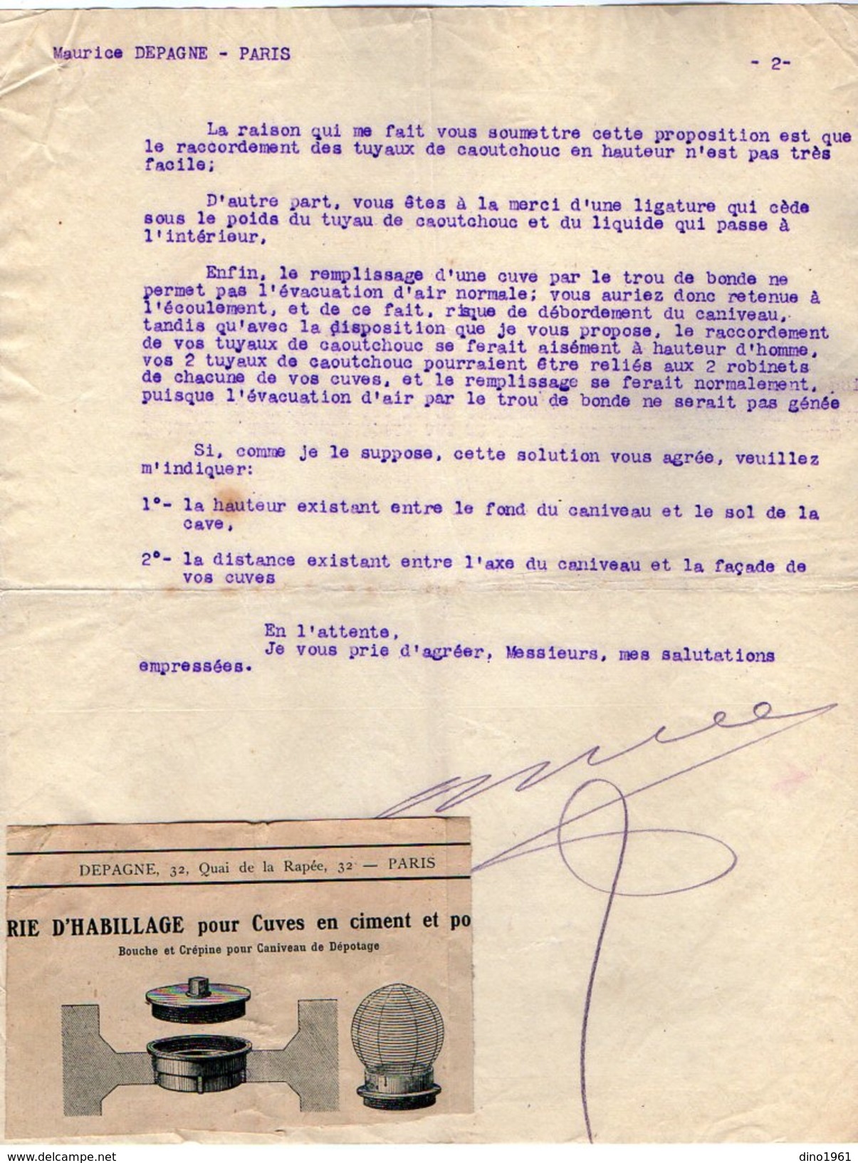 VP7229 - Lettre & Pub - Fabrique Spéciale D'Appareils & Tissus à Filtrer Maurice DEPAGNE Fils à PARIS Quai De La Rapée - 1900 – 1949