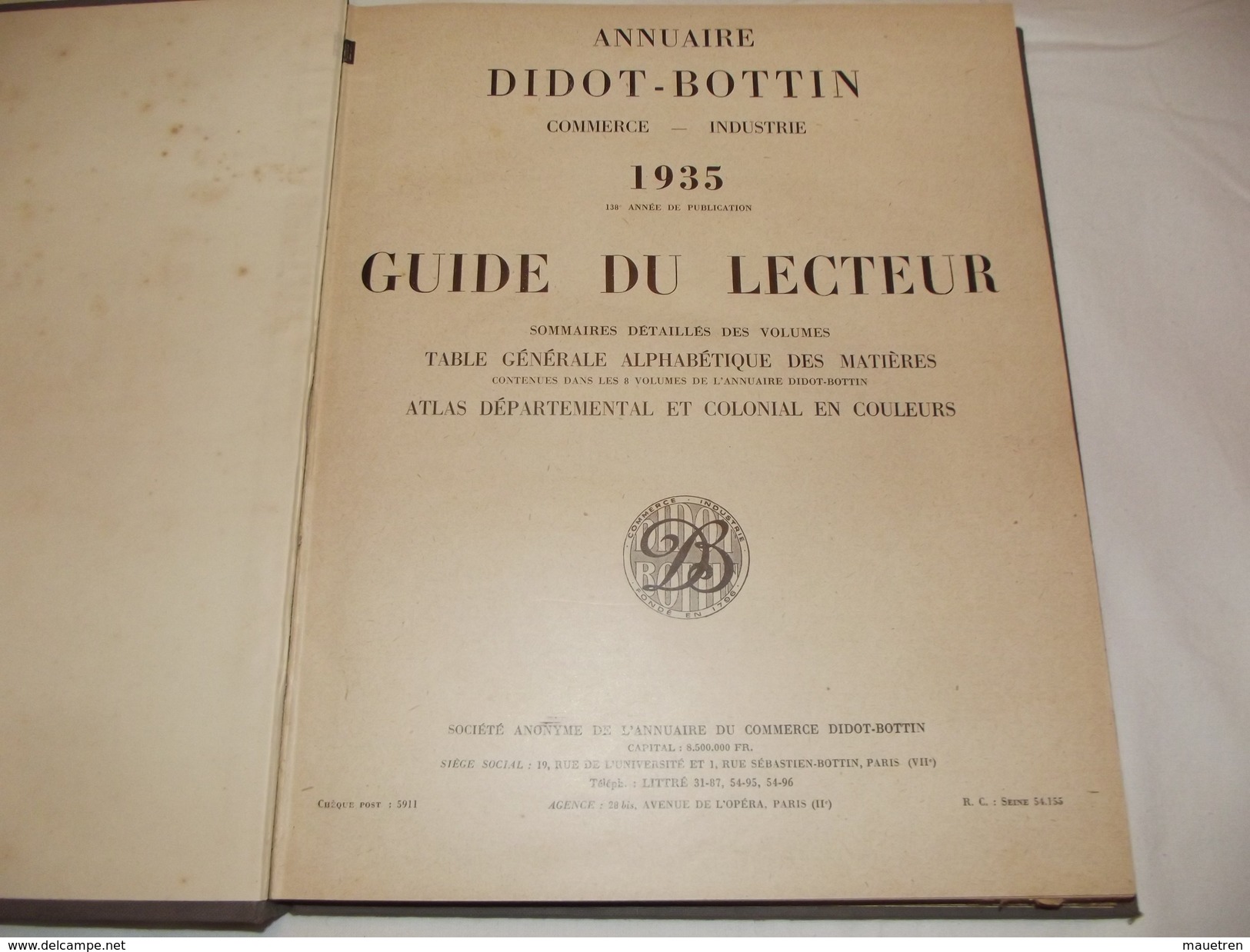 ANNUAIRE DIDOT-BOTTIN Commerce - Industrie 1935 GUIDE DU LECTEUR - Telephone Directories