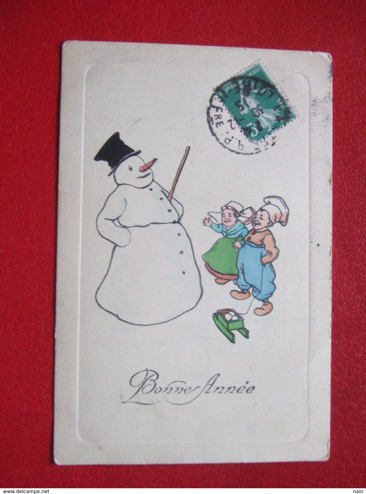 BONNE ANNEE - " BONHOMME DE NEIGE " - ENFNTS, LUGE,...ILLUSTREE - - New Year