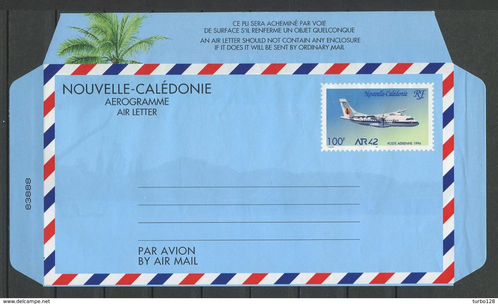 CALEDONIE Aérogramme 1996 N° 14 ** Neuf MNH Lègère Froissure Languette Droite Cote 10 &euro; Avion ATR 42 Planes Transpo - Aerogrammi