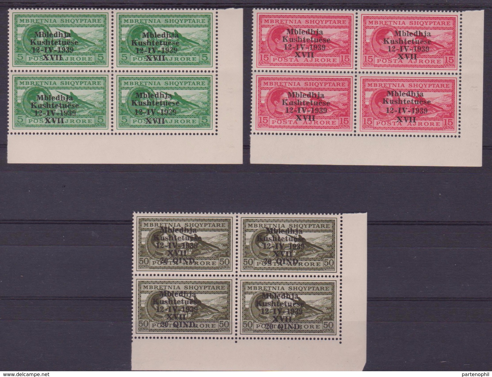 ** 1939 OCC. ITALIANA ALBANIA POSTA AEREA Air Post Overprint  MNH A1-A3  Block - Albania