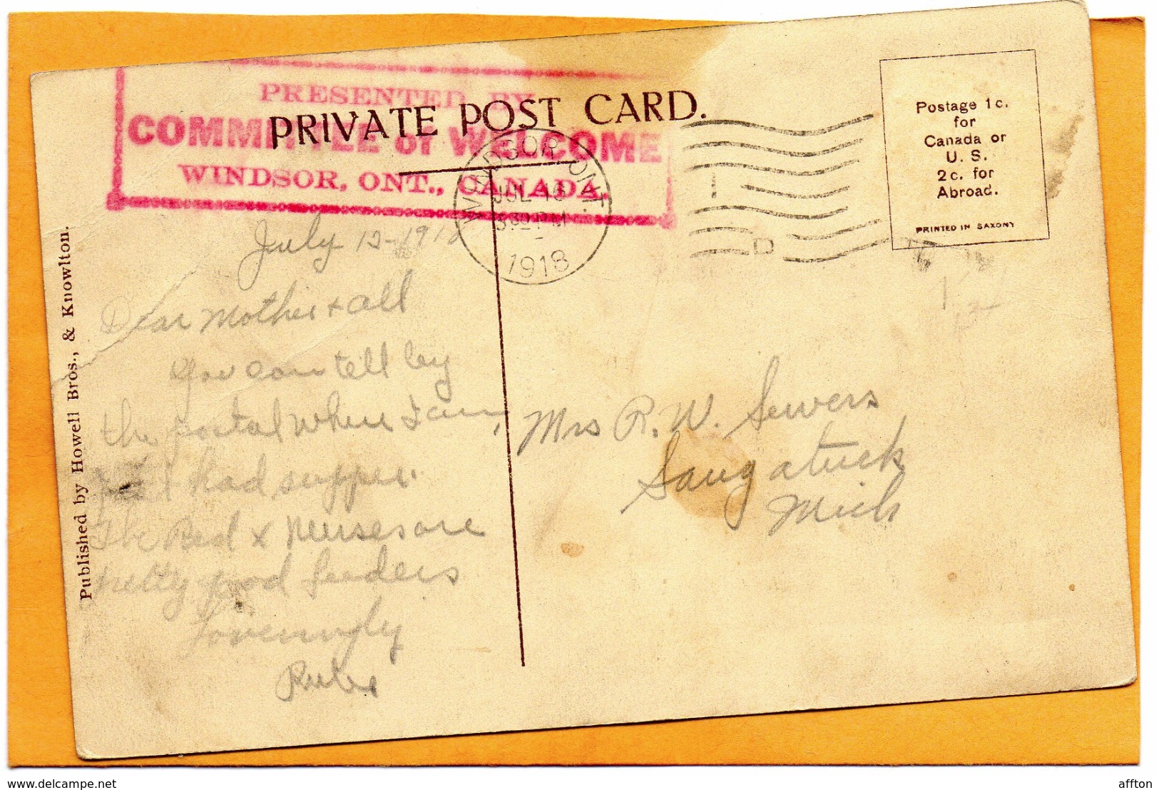 Windsor Ont 1918 Postcard - Windsor
