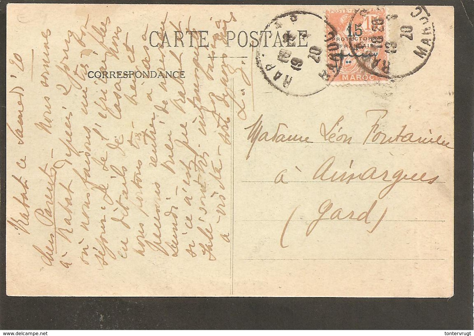 Maroc. Rabat.Poste Francaise Semeuse 15  Surch. Protectorat. 1920 - Briefe U. Dokumente