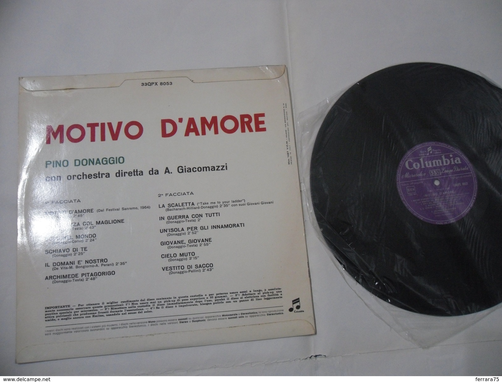 DISCO LP 33 GIRI PINO DONAGGIO-MOTIVO D'AMORE. - Sonstige & Ohne Zuordnung