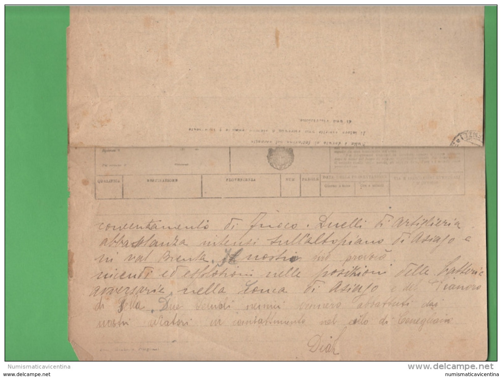 Telegramma ASIAGO 1918 VAL BRENTA Vall' Arsa Val Scorbia E Di Dosso Avion Aerei Abbattuti Su Conegliano - Documents