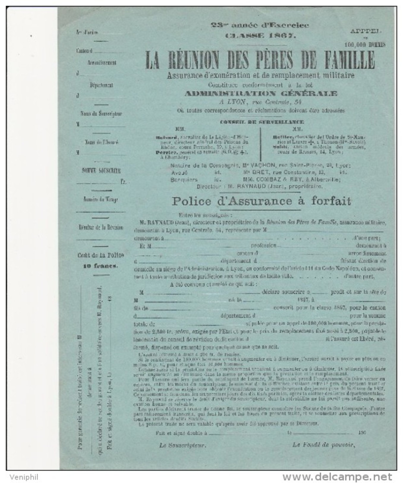 ASSURANCE D´EXONERATION ET DE REMPLACEMENT MILITAIRE -LA REUNION DES PERES DE FAMILLES -CLASSE 1867 - Other & Unclassified
