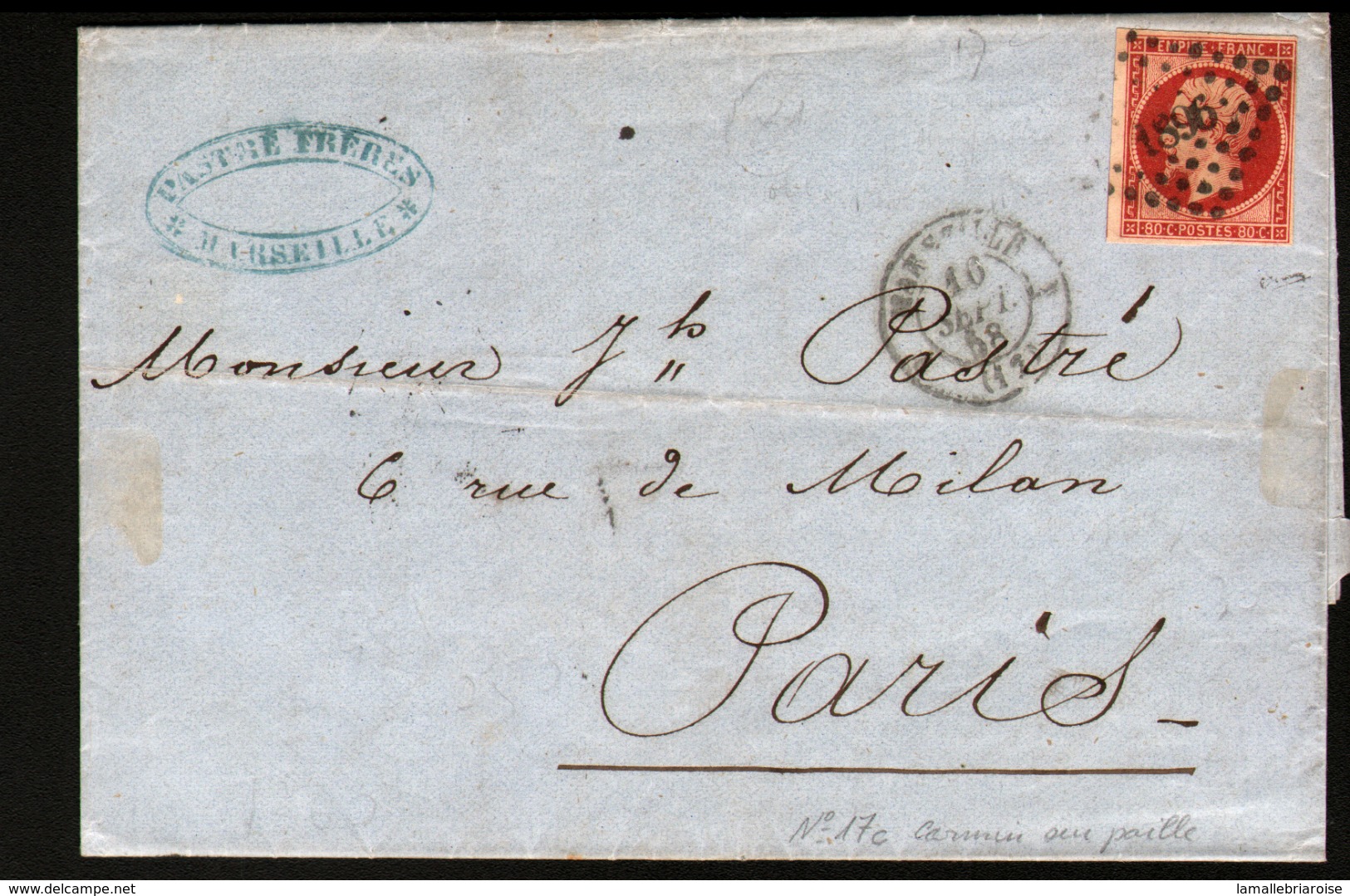 Y & T N°17c,carmin Sur Paille  Sur Lettre De Marseille Avec Correspondance, Obl Pc 1896, Cachet Du 10 Sept 1858 - 1849-1876: Période Classique