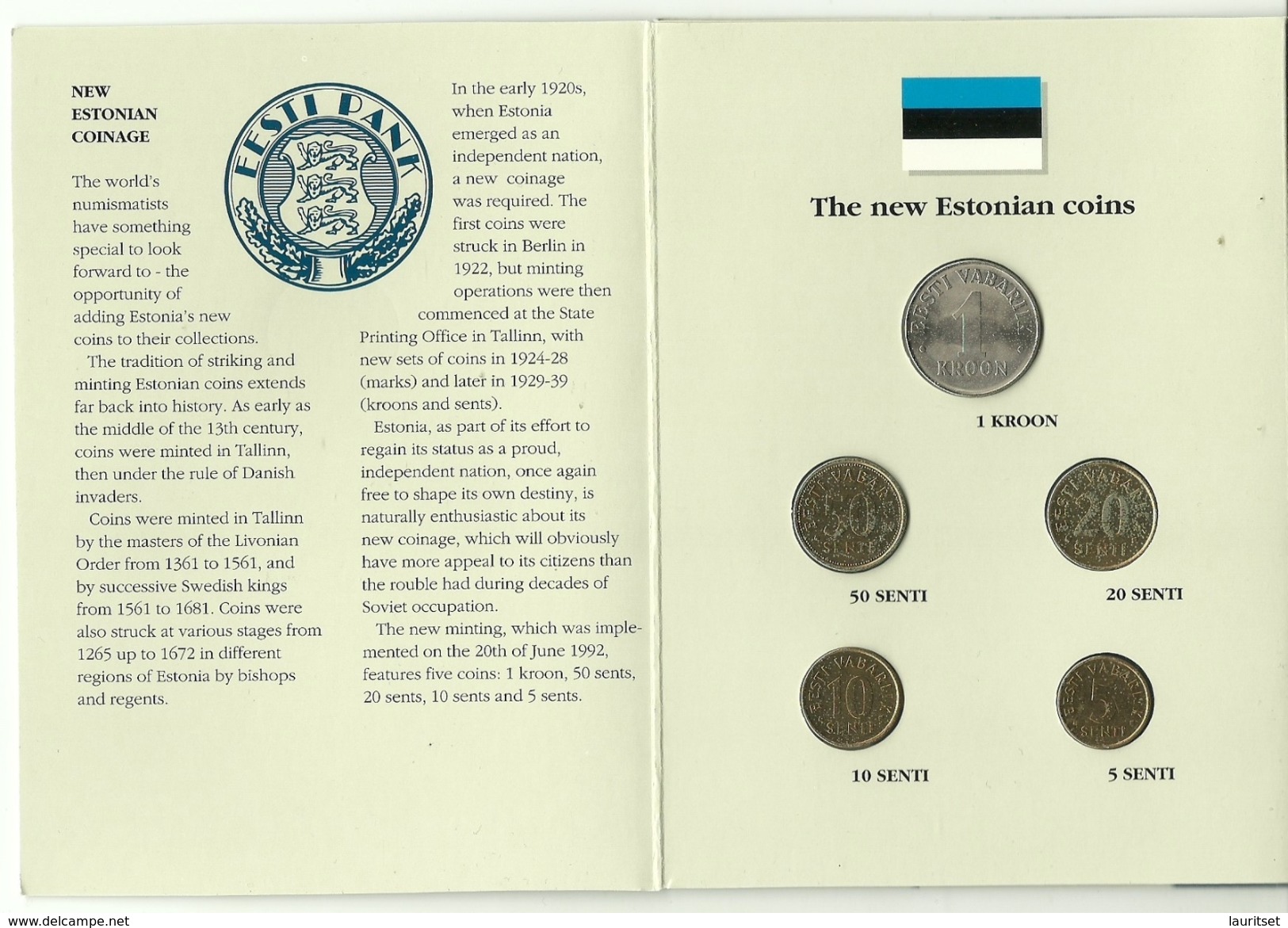 ESTLAND ESTONIA Estonie Münzen Im Folder First Official Coin Set Of Estonian Bank 1992 - Estonia