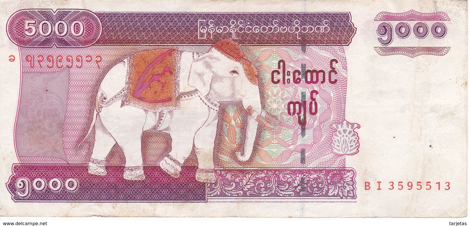 BILLETE DE MYANMAR DE 5000 KYATS  (BANKNOTE) ELEFANTE-ELEPHANT - Myanmar