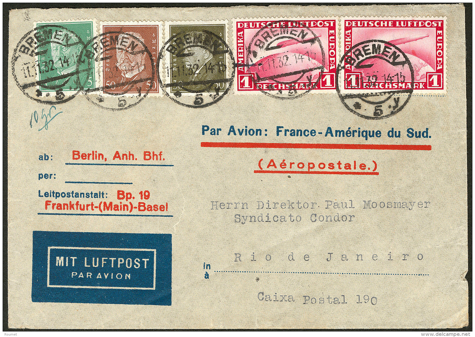 Poste A&eacute;rienne. Zeppelin. No 35(2) + Poste 402 + 408 + 411, Obl Cad Bremen 11.11.32, Sur Enveloppe A&eacute;ropos - Other & Unclassified