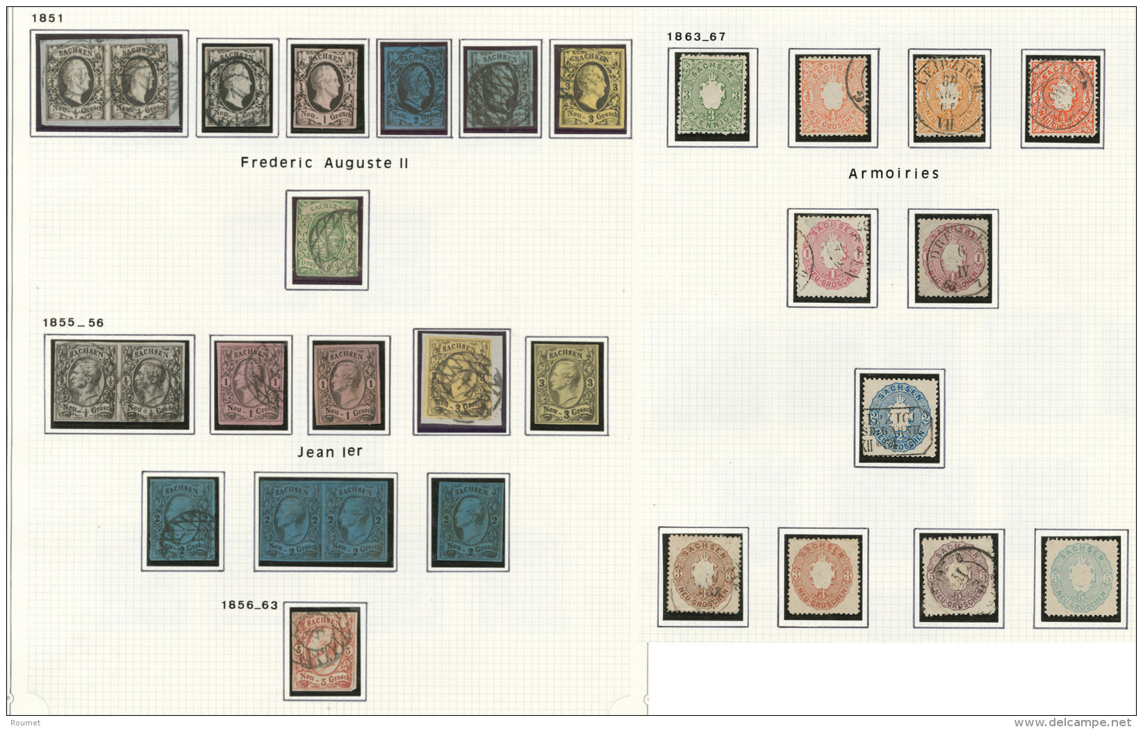 Saxe. Collection. 1851-1867 (Poste), Petites Et Moyennes Valeurs Entre Les N&deg;2 Et 19, Des Doubles, Nuances Et Obl Di - Saxony