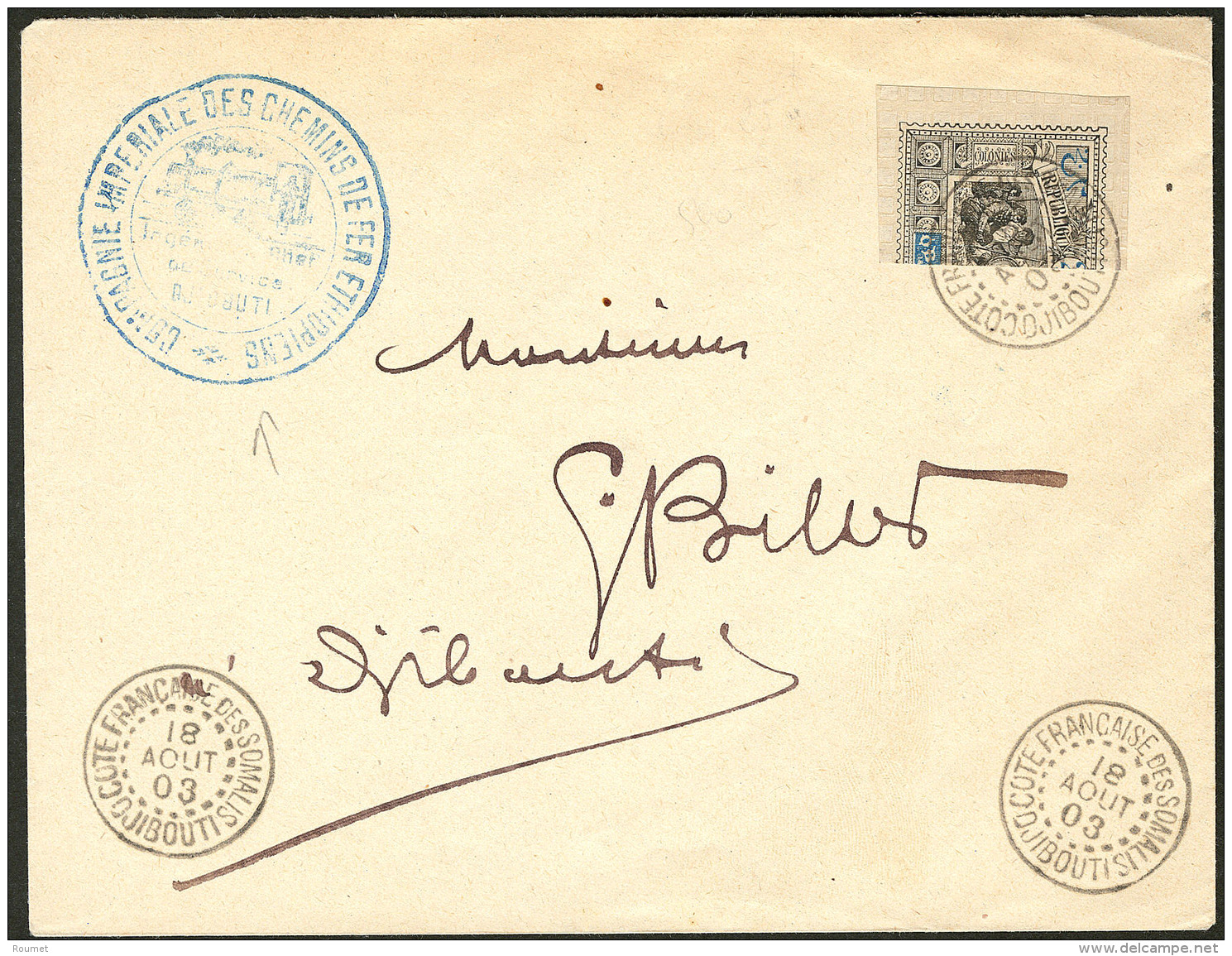 Timbres Coup&eacute;s. No 54aB, Sur Enveloppe D'Ao&ucirc;t 1903 Avec Cachet Bleu Des Chemins De Fer &eacute;thiopiens. - - Other & Unclassified