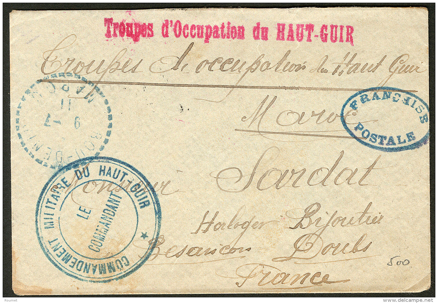 "Troupes D'occupation Du HAUT-GUIR". Griffe Rouge Sur Enveloppe Avec Cad Bleu 9.7.11, Pour La France. - TB - Vide