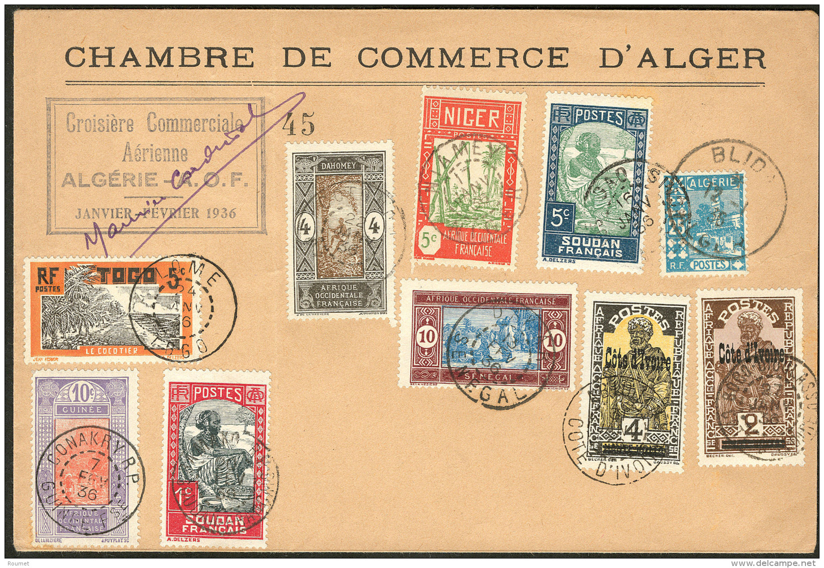 A&eacute;rogrammes. Croisi&egrave;re Alg&eacute;rie-AOF Janv-F&eacute;v 1936 (Saul.231), Enveloppe De La Chambre De Comm - Vide