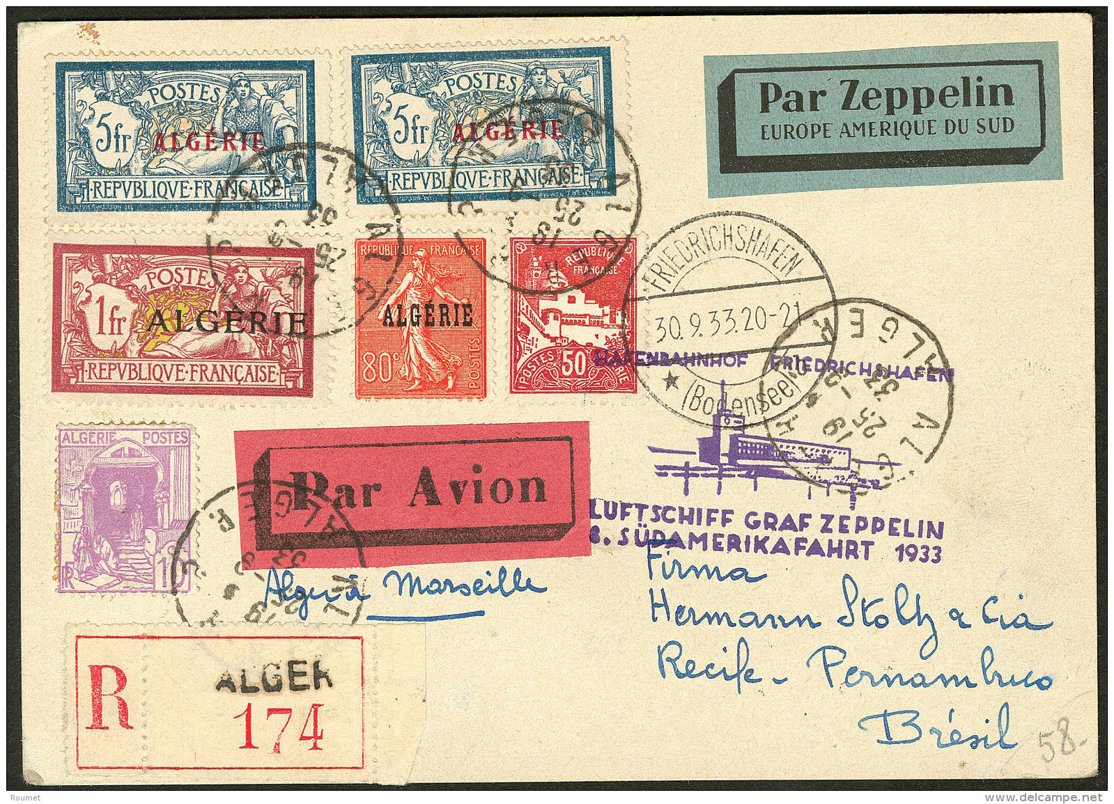 A&eacute;rogrammes. Zeppelin "10&egrave;me SudAmerikaFahrt 1933", CS Violet Sur CP Recommand&eacute;e D'Alger Pour Le Br - Vide